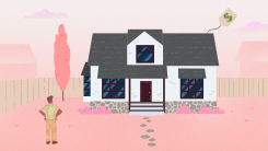 House with a price tag and a figure standing proudly in front.