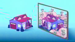 A house in front of a mirror and in the  reflection the house is surrounded by bags of money