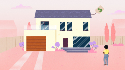 A house with a price tag and a figure standing proudly in front,