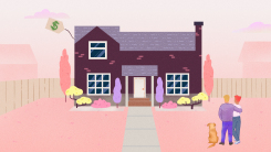 House with price tag with couple looking proudly on.