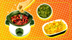 Slow cooker with cranberry sauce next to a dish of stuffing and collard greens.