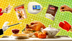 A Thanksgiving feast with boxed supermarket ingredients floating over the top.
