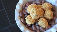Green grapes rolled in cheese and ground nuts on top of roasted almonds in a white pie dish.
