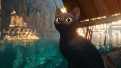 An animated black cat from the movie Flow