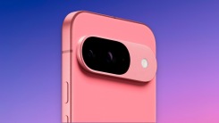 The back of a pink Google Pixel 9, highlighting its rear cameras, against a blue gradient background.
