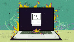 an illustration of a macbook on fire, with an old-school mac logo frowning instead of smiling