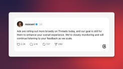 A Threads post by Instagram Head Adam Mosseri, which reads, "Ads are rolling out more broadly on Threads today, and our goal is still for them to enhance your overall experience. We’re closely monitoring and will continue listening to your feedback as we scale."