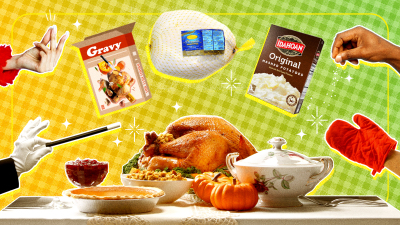 A Thanksgiving feast with boxed supermarket ingredients floating over the top.
