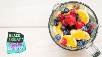aerial view of a blender full of fruit for smoothie 