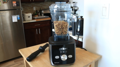 Vitamix blender on a countertop.