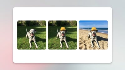 An AI-edited photo that shows a dog in one image and adds a hat to the dog's head in other versions.