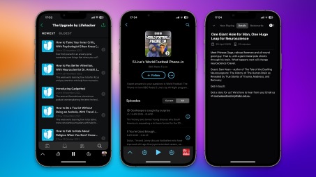 Castro, Overcast, and Pocket Casts in three iPhones.