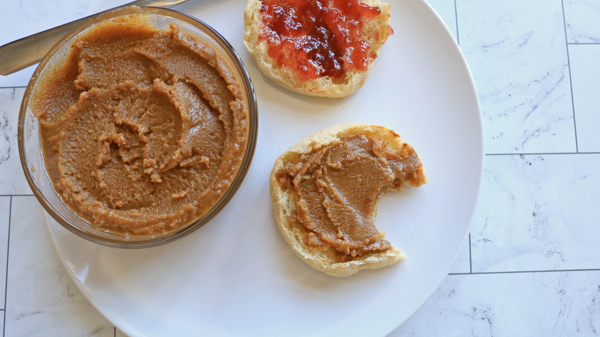 Walnut butter on an English muffin.
