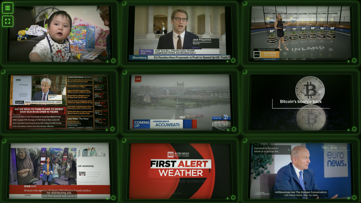 Nine different news channels are shown in the same windows.