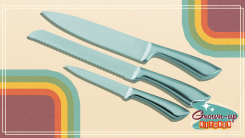 Three knife images on a colorful background