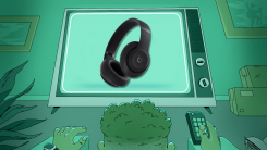 Man watching television screen displaying an Beats Studio Pro.
