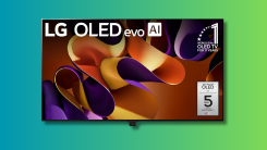 LG Evo G4 OLED TV on a teal and green background. 