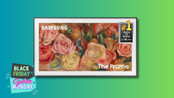 The Frame Samsung Tv on a teal and green background with a Black Friday and Cyber Monday sticker. 