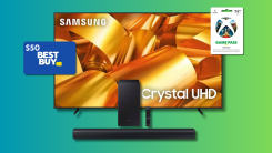 Samsung Crystal UHD TV, Samsung soundbar and subwoofer, $50 gift card, and Xbox Ultimate Game Pass on a teal and green background.