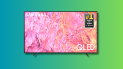 SAMSUNG 65" Class Q60CB QLED on a teal and green background.