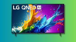 The LG QNED80T on a teal and green background.