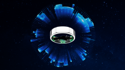 Illustration of Oura ring with blue bars around it and a person sleeping