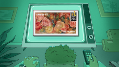 Man watching television screen displaying a Samsung's The Frame TV.