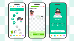 Three screenshots of Duolingo Chess. The first shows the timeline of course, the second shows a lesson where you have to checkmate in one move, and the third shows the start of a match against Oscar.