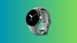 Google Pixel Watch on a teal and green gradient background.