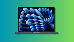 M4 MacBook Air on a teal and green background.