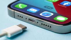 Bottom of an iPhone and a USB-C charger near its port