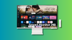SAMSUNG M8 M80D monitor on a teal and green background.