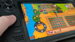 The Radial Menu UI as it appears in-game while playing Stardew Valley. A thumb pressing the touchpad brings up a menu with four shortcuts.