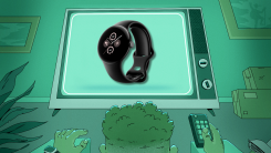 Man watching television screen displaying a Google Pixel Watch 2.