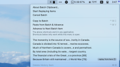 A screenshot of the batch clipboard menu bar icon. The user has copied several facts about Canada.