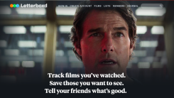 a screenshot of the Letterboxd home page with a hero image of Tom Cruise in Mission Impossible and the text "Track films you've watched. Save those you want to see. Tell your friends what's good."
