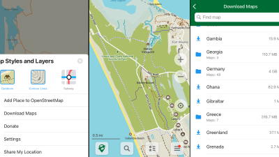 Three screenshots of Organic Maps. The left shows the layer options and other settings, the center shows a trail system in an Oregon state park, and the third shows the screen where you can download maps. 