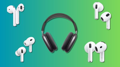 AirPods 2nd, 3rd, and 4th generation, AirPod Pros, and AirPods Max on a teal and green gradient background.