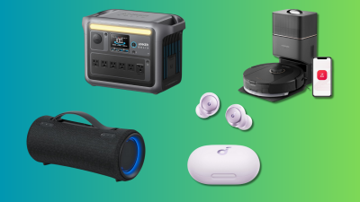 Headphones, speaker, portable generator, and robot vacuum on a teal and green background.