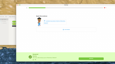 The mobile version of Duolingo running on a Mac.