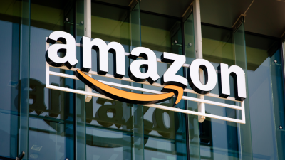 The Amazon logo on a corporate building
