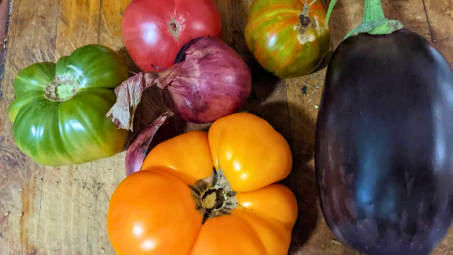 Tomatoes and eggplant on a wooden surface