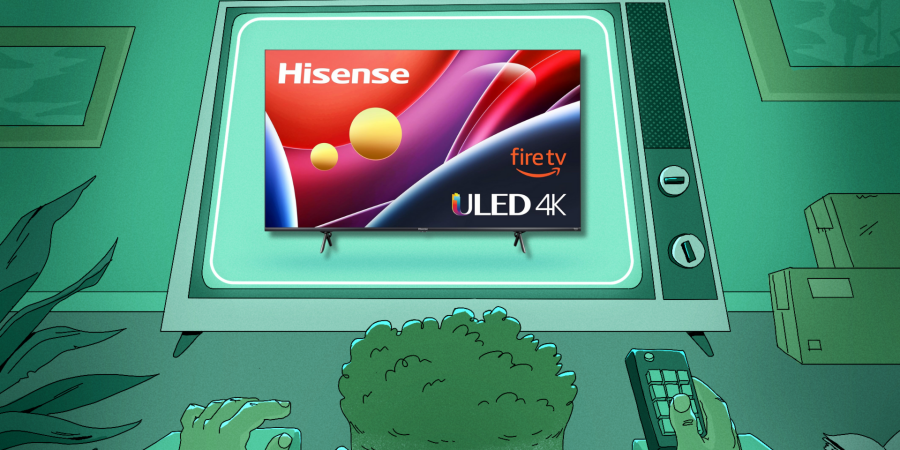 Man watching television screen displaying a Hisense Class U6HF Series Fire TV.