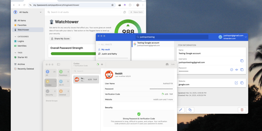 A screenshot showing Bitwarden, Apple Passwords, and 1Password all in the same frame