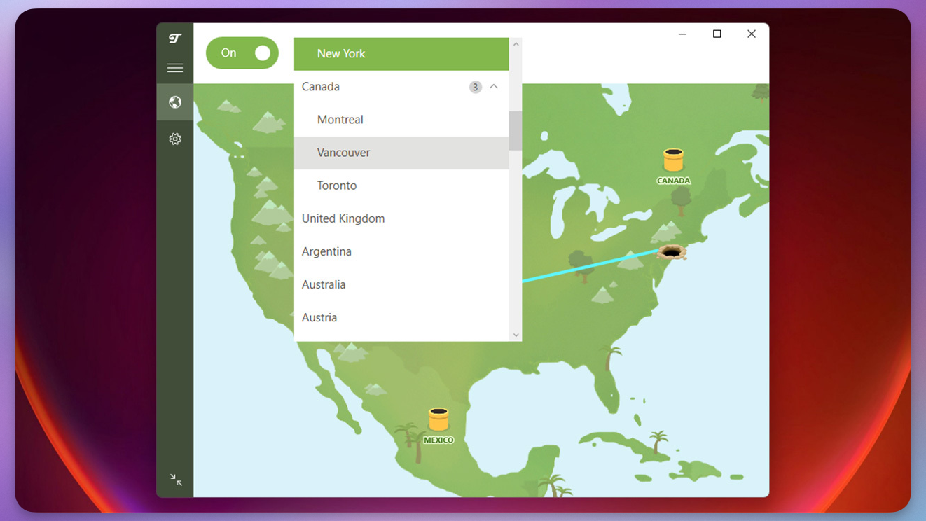 Tunnelbear's server locations in its app.