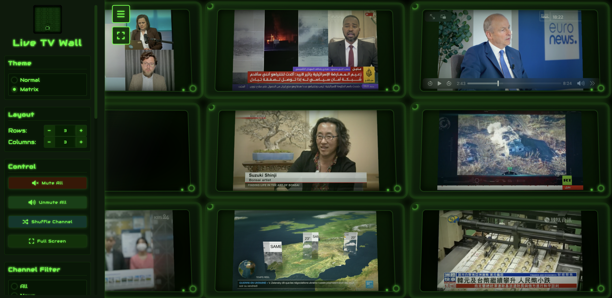 Nine news channels are overlaid with a sidebar for adjusting the settings. You can change the theme, customize the layout, or mut everything. You can also filter by language.