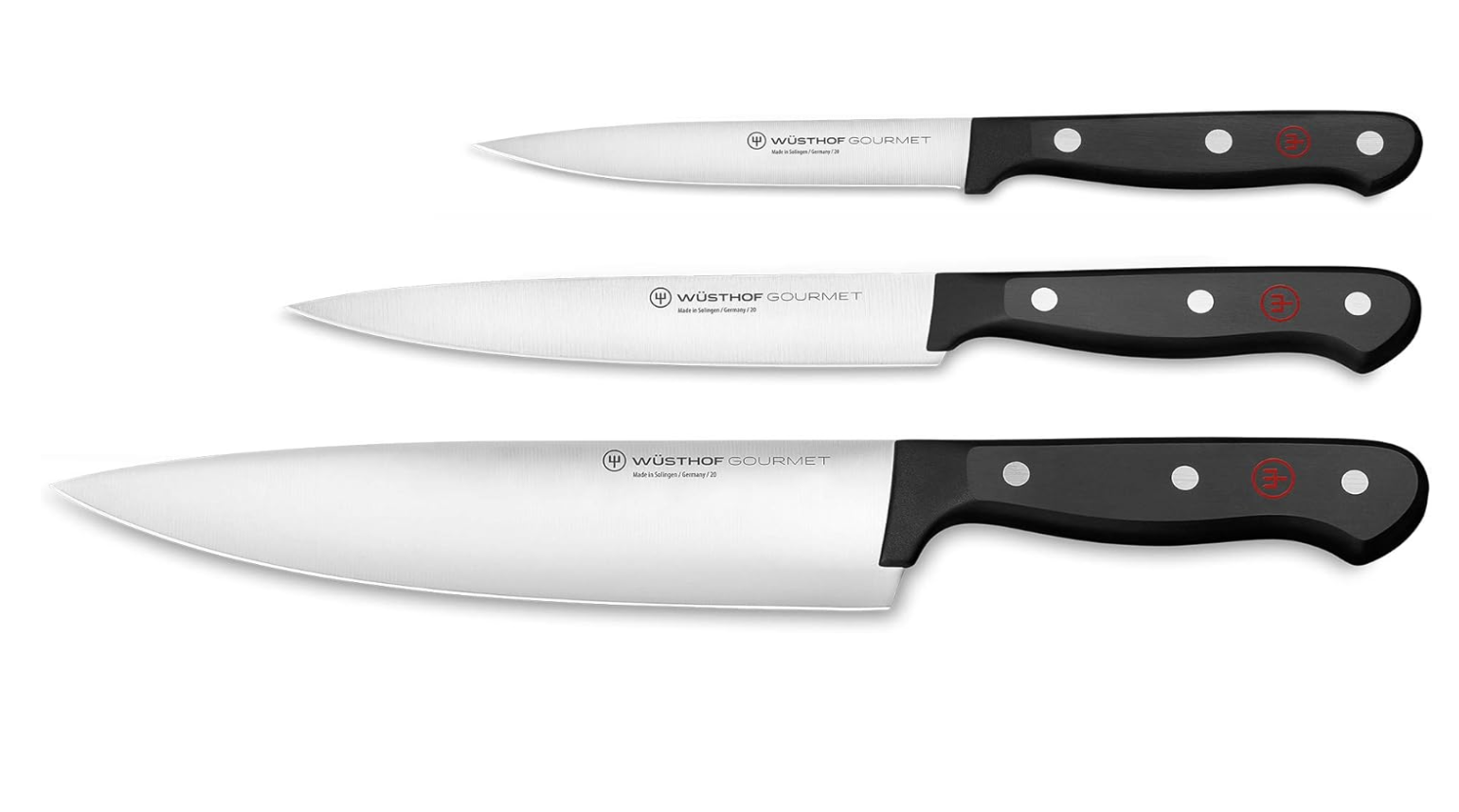 Three Wusthof knives on a white background.
