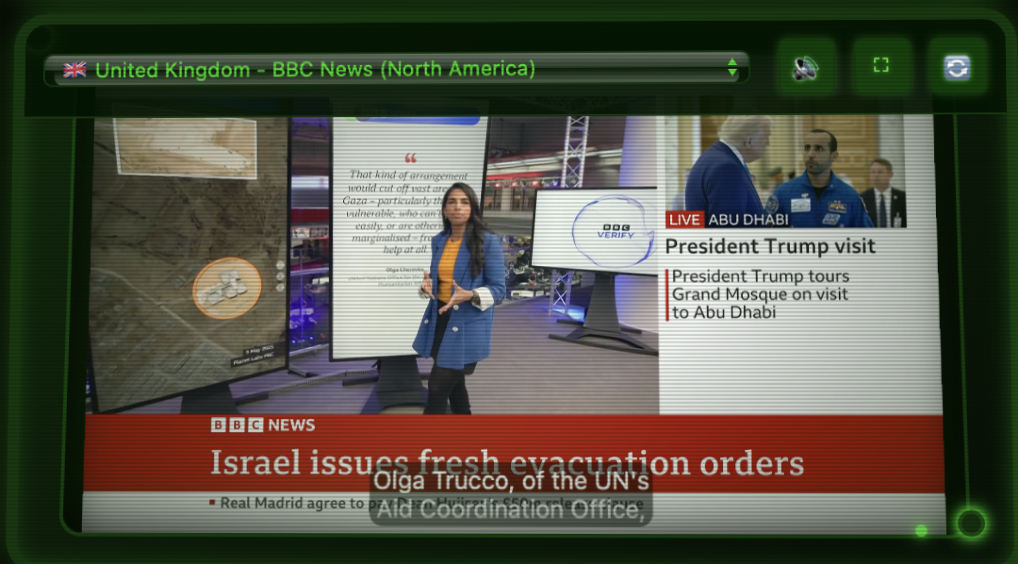A crop showing just one channel, the BBC. A toolbar at the top allows the user to change the channel, mute or unmute the audio, or full screen the current window.