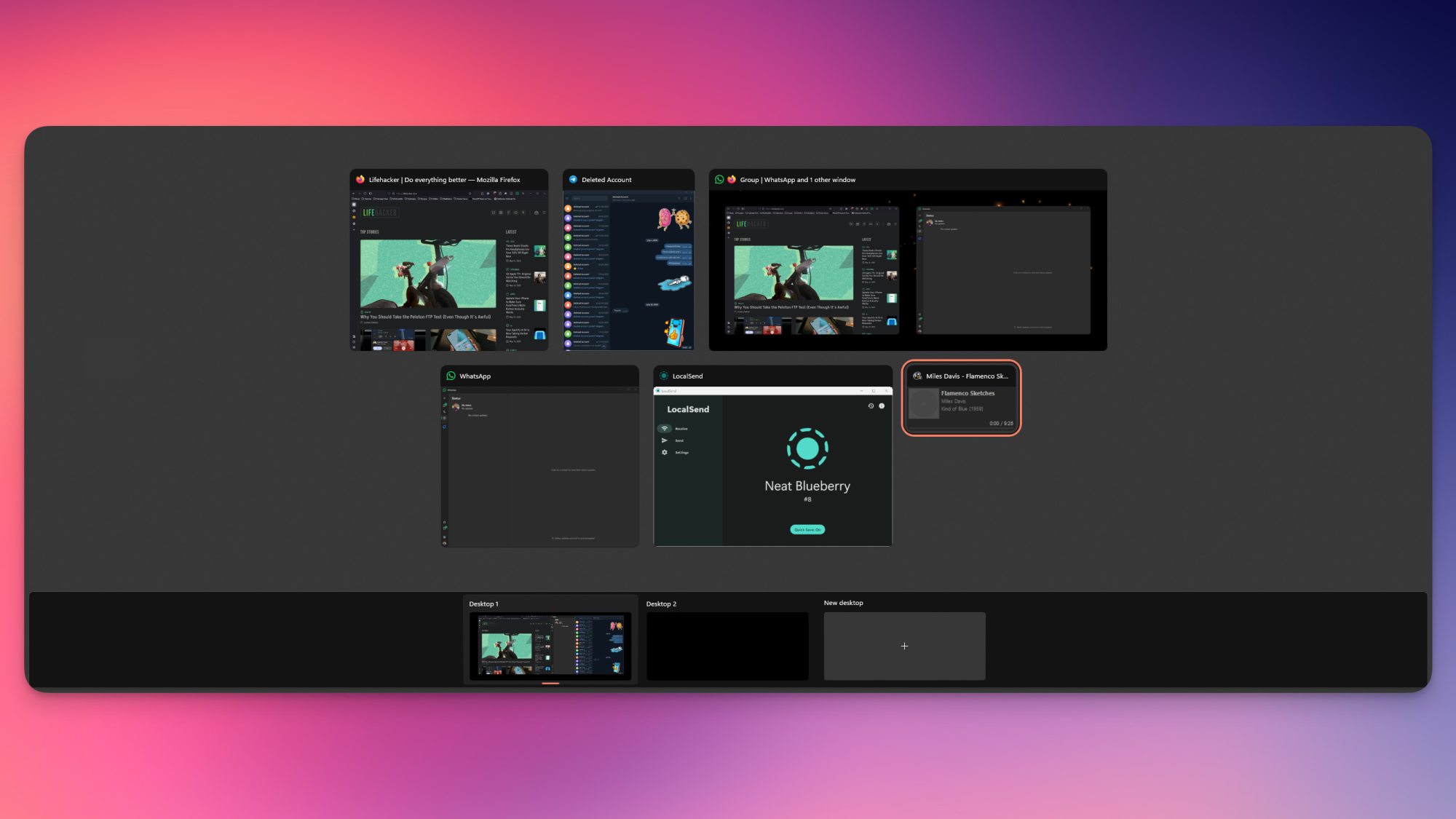 The full-screen Task View in Windows 11, against a gradient background.