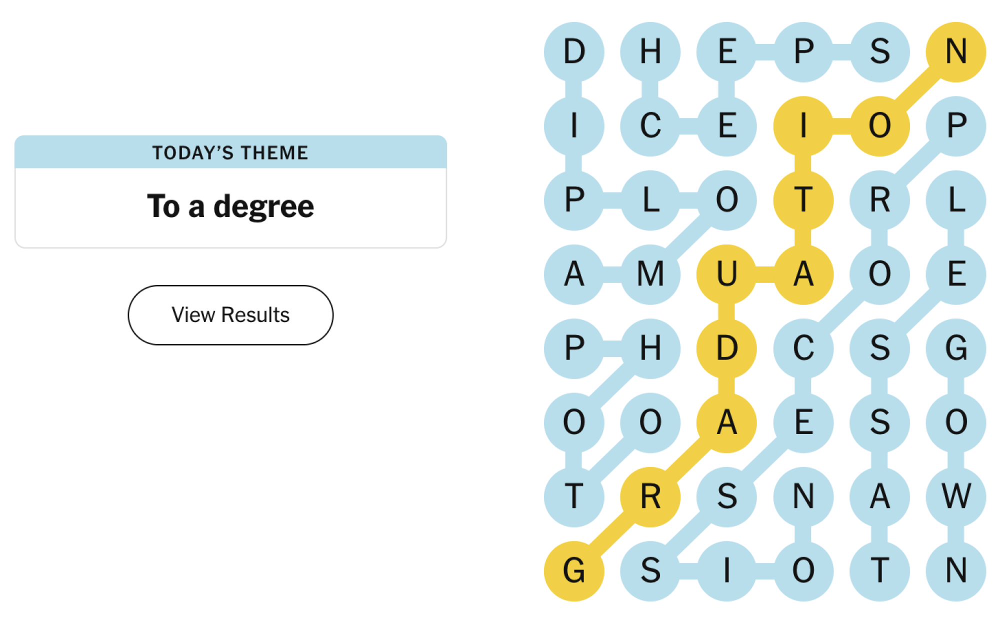 Completed NYT Strands board for May 16, 2024: To a degree.